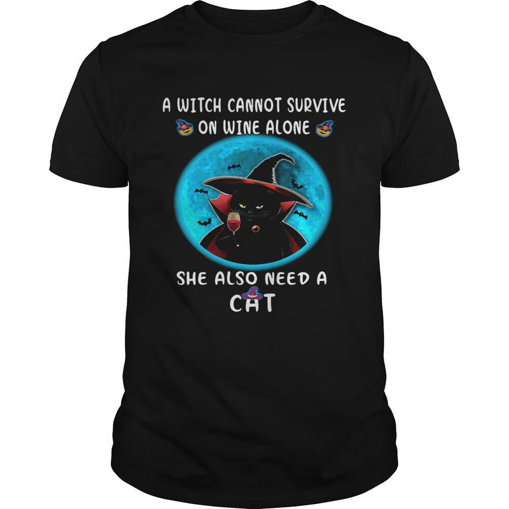 A Witch Needs Wine And A Cat Funny Graphic T-Shirt